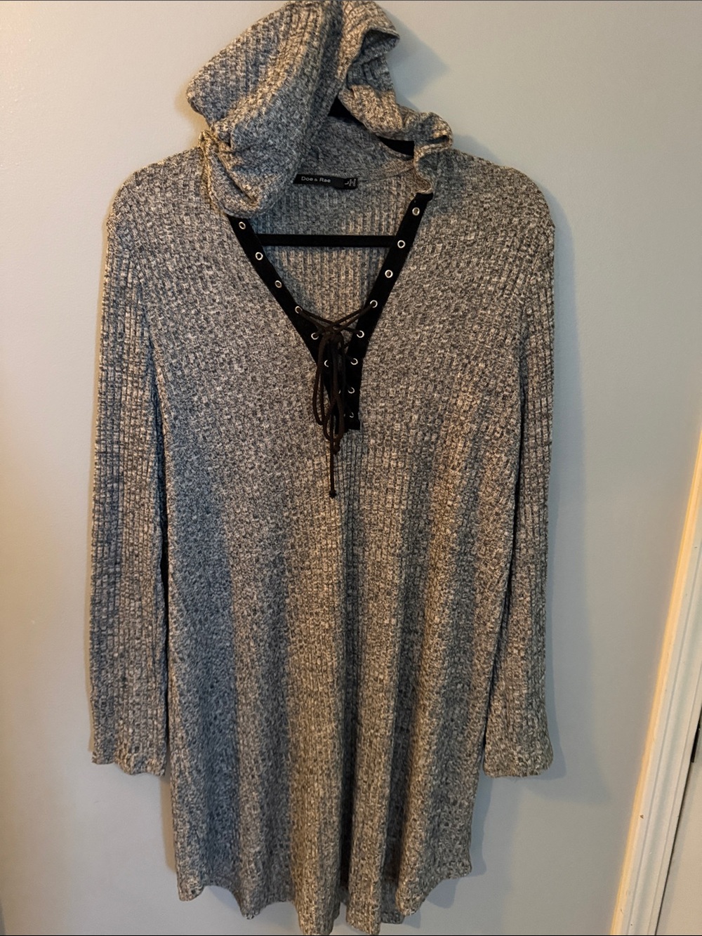 Doe & Rae Grey Lace-Up Hooded Knit Tunic Sweater Dress